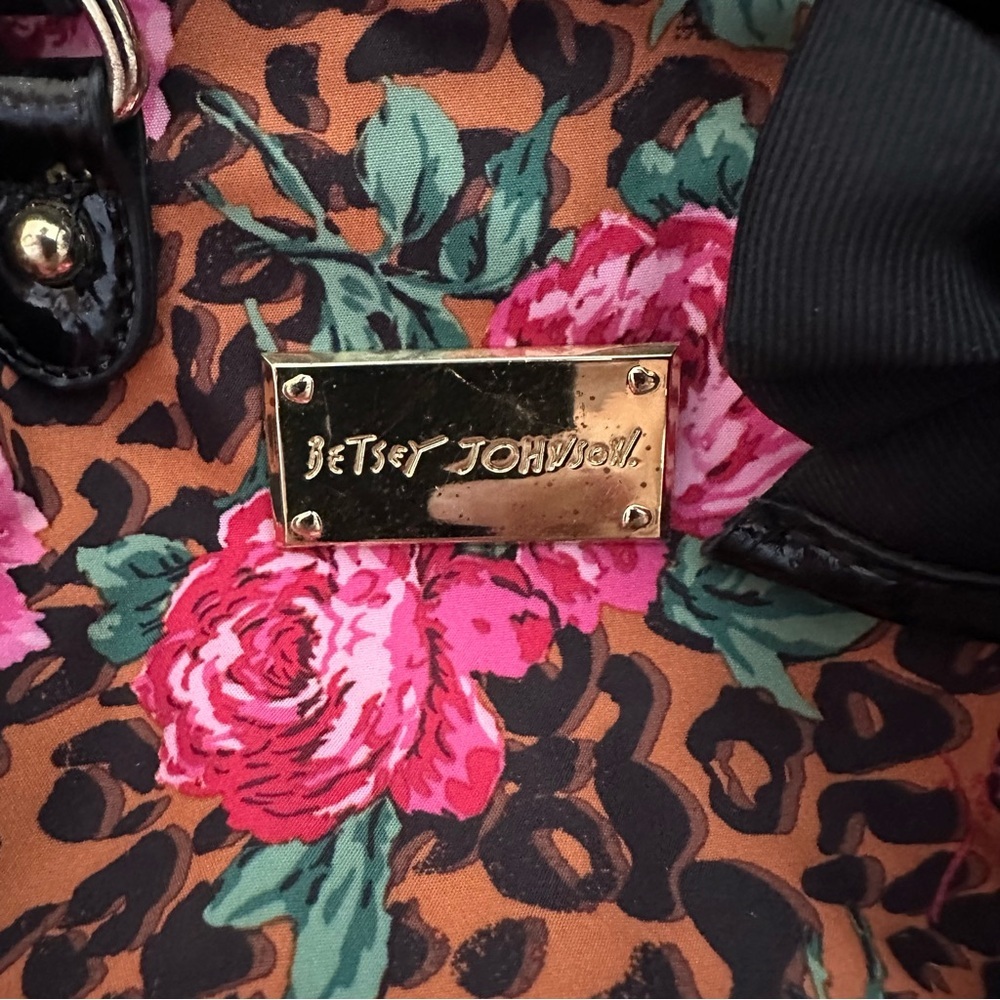 Betsey Johnson Leopard Floral Mini Satchel Bag Y2K Bow Charm Top Handle Purse - Picture 3 of 8